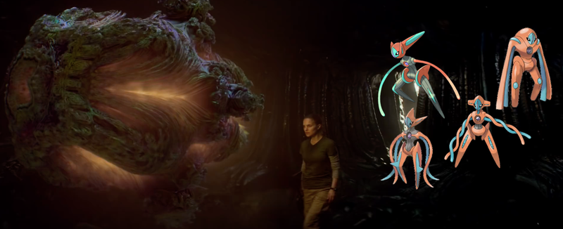 From left to right: Lena comes face to face with the source of the Shimmer and all four forms of the DNA Pokémon, Deoxys.